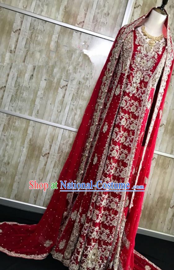 Asian  Indian Court Bride Wedding Wine Red Embroidered Dress Traditional   India Hui Nationality Costumes for Women