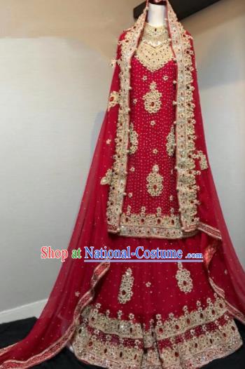 Asian  Indian Court Wedding Wine Red Embroidered Dress Traditional   India Hui Nationality Costumes for Women