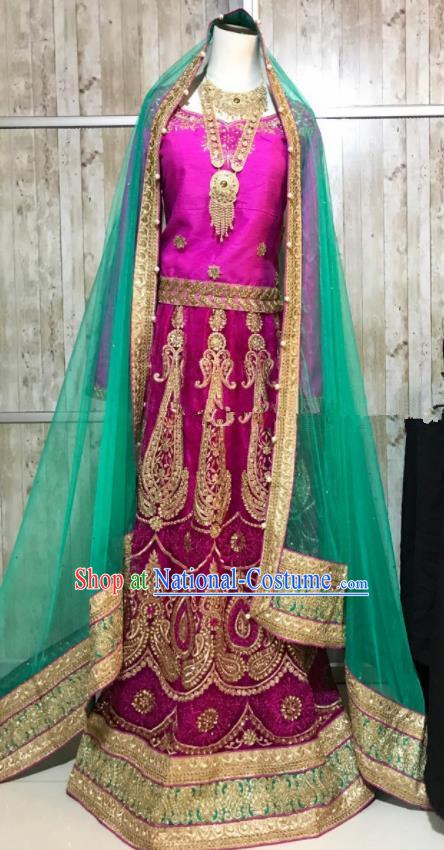 South Asia  Indian Court Queen Rosy Embroidered Dress Traditional   India Hui Nationality Bride Wedding Costumes for Women