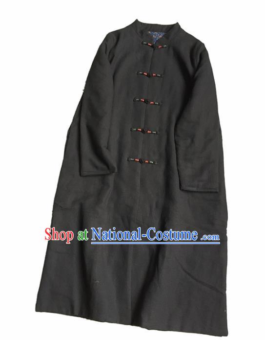 Chinese Traditional Tang Suit Black Cotton Padded Coat National Greatcoat Costume for Women