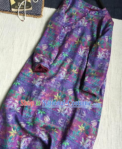 Chinese Traditional Tang Suit Printing Purple Flax Cheongsam National Costume Qipao Dress for Women