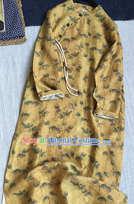 Chinese Traditional Tang Suit Printing Yellow Flax Cheongsam National Costume Qipao Dress for Women