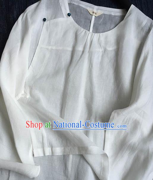 Chinese Traditional Tang Suit White Ramie Blouse National Upper Outer Garment Costume for Women