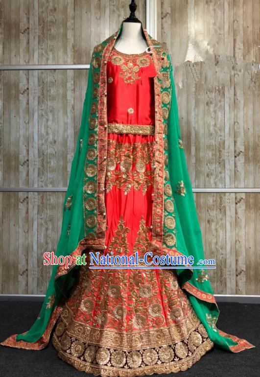 South Asia  Indian Court Queen Wedding Orange Embroidered Dress Traditional   India Hui Nationality Bride Costumes for Women