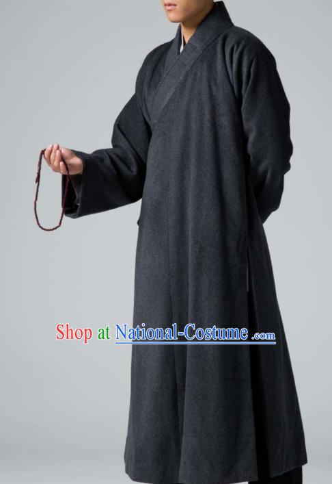 Traditional Chinese Monk Costume Buddhists Deep Grey Woolen Long Robe for Men