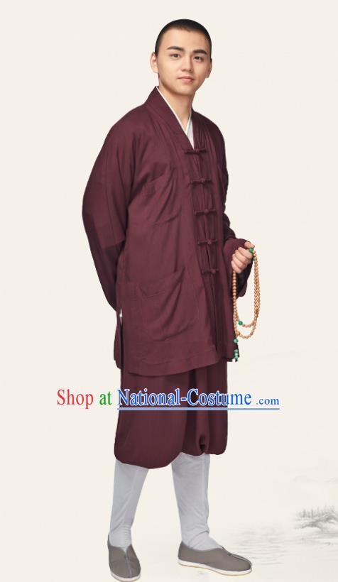 Traditional Chinese Monk Costume Meditation Purple Outfits Shirt and Pants for Men