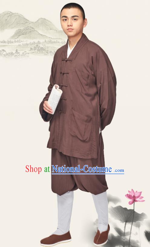 Traditional Chinese Monk Costume Meditation Brown Outfits Shirt and Pants for Men