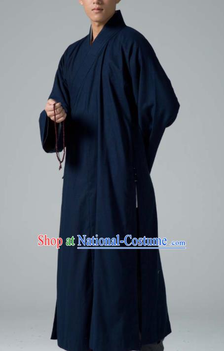 Traditional Chinese Monk Costume Buddhists Abbot Navy Yarn Gown for Men