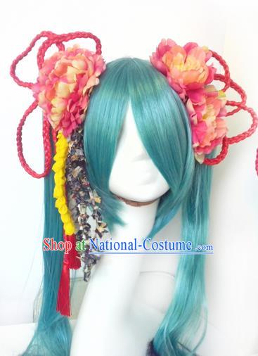 Top Grade Cosplay Fairy Swordsman Blue Wigs and Headwear for Women