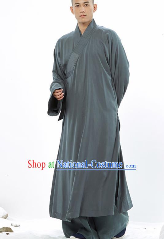 Traditional Chinese Monk Costume Buddhists Atrovirens Long Robe for Men