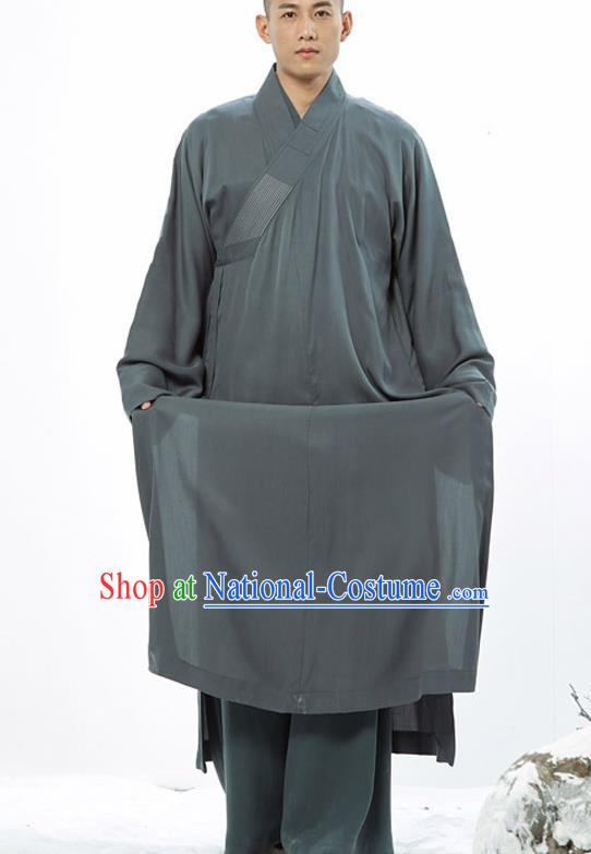 Traditional Chinese Monk Costume Buddhists Atrovirens Long Robe for Men