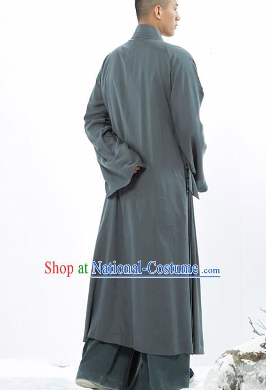 Traditional Chinese Monk Costume Buddhists Atrovirens Long Robe for Men