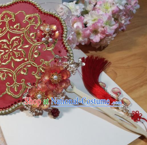 Traditional Chinese Classical Embroidered Red Palace Fans Hanfu Bride Silk Fan for Women