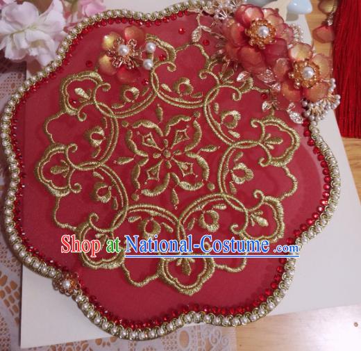 Traditional Chinese Classical Embroidered Red Palace Fans Hanfu Bride Silk Fan for Women