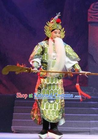 Traditional Chinese Henan Opera Seven Swords General Costumes Green Body Armour and Headwear for Men