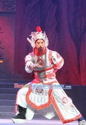 Traditional Chinese Henan Opera Seven Swords General Costumes White Body Armour and Headwear for Men