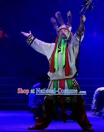 Phoenix Flying Qiang Dance Traditional Chinese Qiang Ethnic Minority Chief Dance Costumes and Headwear for Men