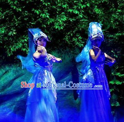 Phoenix Flying Qiang Dance Traditional Chinese Qiang Ethnic Minority Dance Blue Dress and Headwear for Women