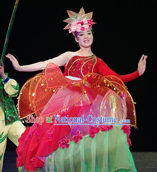 Phoenix Flying Qiang Dance Traditional Chinese Folk Dance Red Dress and Headwear for Women