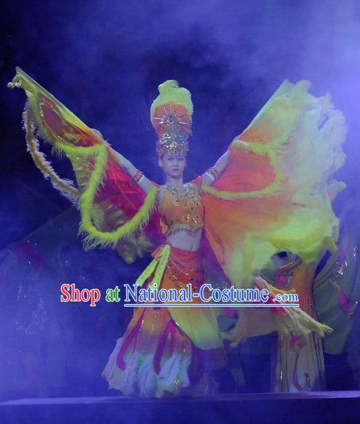 Phoenix Flying Qiang Dance Traditional Chinese Folk Dance Orange Wings Dress and Headwear for Women