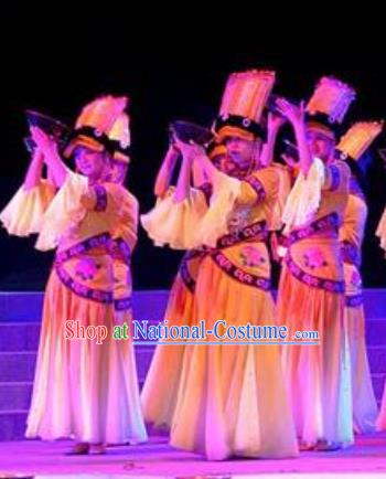 Phoenix Flying Qiang Dance Traditional Chinese Qiang Nationality Dance Yellow Dress and Headwear for Women