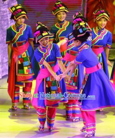 Phoenix Flying Qiang Dance Traditional Chinese Qiang Nationality Dance Blue Dress and Headwear for Women