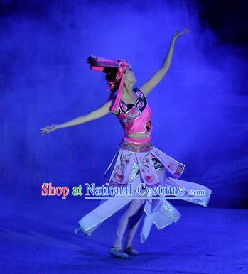 Phoenix Flying Qiang Dance Traditional Chinese Qiang Nationality Dance Dress and Headwear for Women