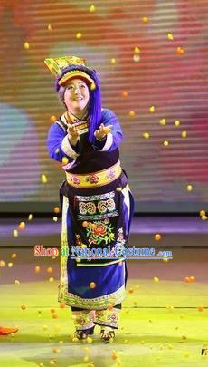 Phoenix Flying Qiang Dance Traditional Chinese Qiang Ethnic Minority Dance Blue Dress and Headwear for Women