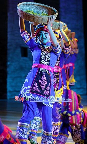 Phoenix Flying Qiang Dance Traditional Chinese Qiang Ethnic Minority Dance Blue Costume and Headwear for Women