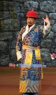 Lang SaWenBo Traditional Chinese Tibetan Nationality Chieftain Stage Performance Royalblue Costumes and Headwear for Men