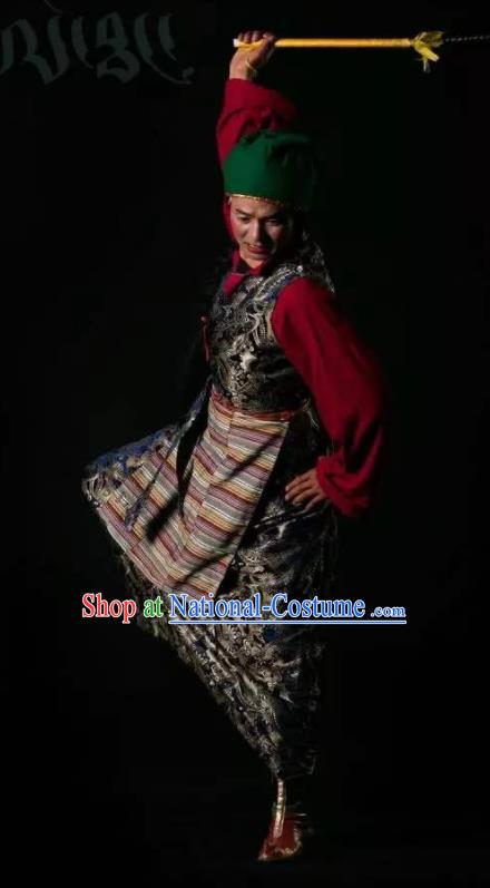 Lang SaWenBo Traditional Chinese Tibetan Nationality Stage Performance Black Costumes and Headwear for Men