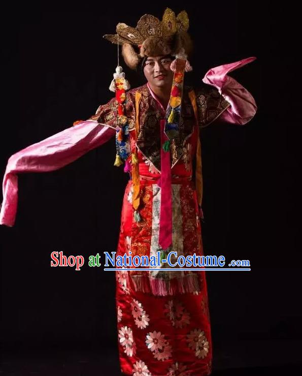 Lang SaWenBo Traditional Chinese Tibetan Nationality Stage Performance Red Costumes and Headwear for Men