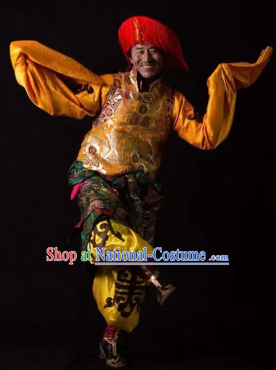 Lang SaWenBo Traditional Chinese Tibetan Nationality Stage Performance Golden Costumes and Headwear for Men