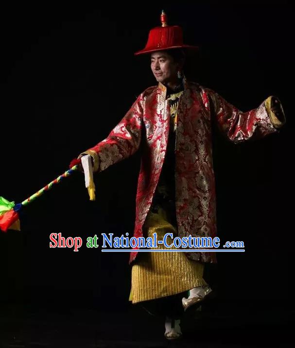 Lang SaWenBo Traditional Chinese Zang Nationality Stage Performance Red Costumes and Headwear for Men