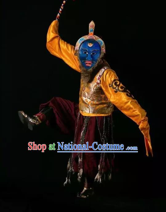 Lang SaWenBo Traditional Chinese Zang Nationality Shaman Stage Performance Golden Costumes and Headwear for Men