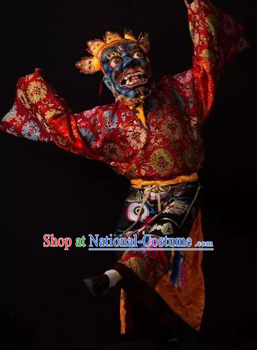 Lang SaWenBo Traditional Chinese Zang Nationality Shaman Stage Performance Red Costumes and Headwear for Men