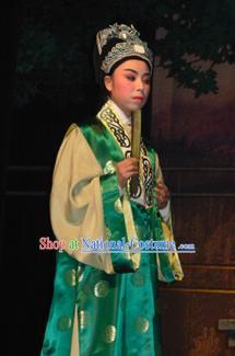 Bai Tu Ji Traditional Chinese Shaoxing Opera Niche Stage Performance Green Costumes and Headwear for Men