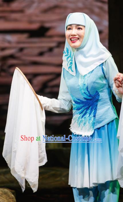 Flowers and Trumpeter Traditional Chinese Hui Nationality Blue Dress Stage Show Costume and Headwear for Women