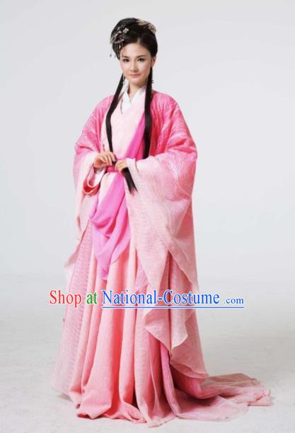 The Book of Songs Cai Wei Traditional Chinese Classical Dance Princess Pink Dress Stage Show Costume and Headdress for Women