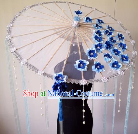 Traditional Chinese Classical Blue Flowers Umbrella Ancient Hanfu Tassel Umbrellas for Women