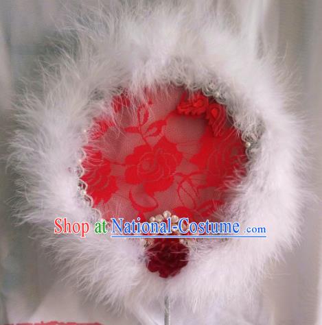 Traditional Chinese Classical White Feather Palace Fans Hanfu Bride Round Fan for Women