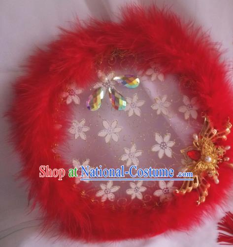 Traditional Chinese Classical Red Feather Palace Fans Hanfu Bride Round Fan for Women