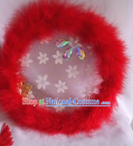 Traditional Chinese Classical Red Feather Palace Fans Hanfu Bride Round Fan for Women