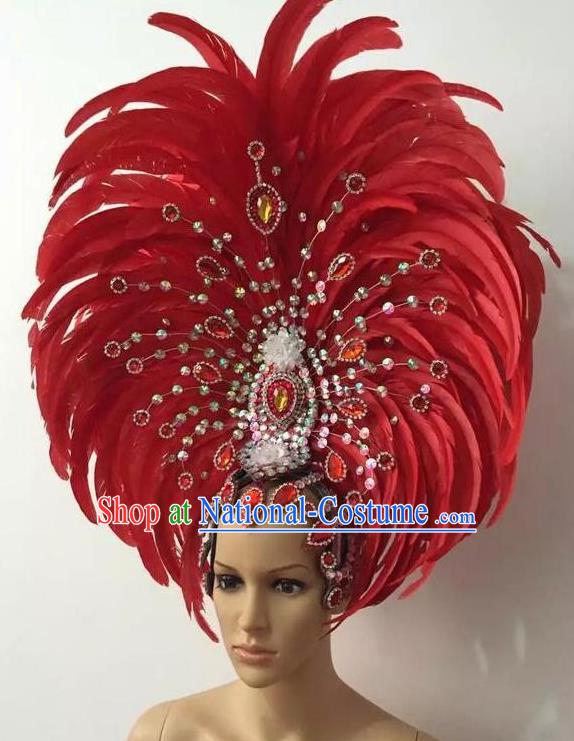 Top Halloween Red Crystal Feather Hat Brazilian Carnival Samba Dance Hair Accessories for Women