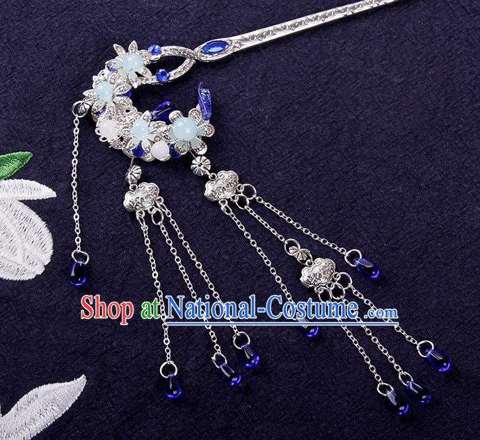 Traditional Japanese Cosplay Swordsman Blue Crystal Tassel Hairpins Ancient Hanfu Hair Accessories for Women