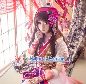 Top Grade Cosplay Geisha Printing Peony Pink Dress Ancient Heroine Costume for Women