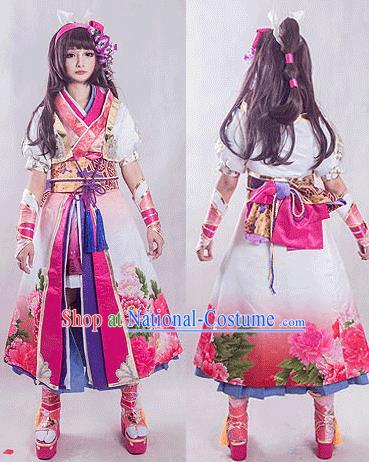 Top Grade Cosplay Geisha Printing Peony Pink Dress Ancient Heroine Costume for Women