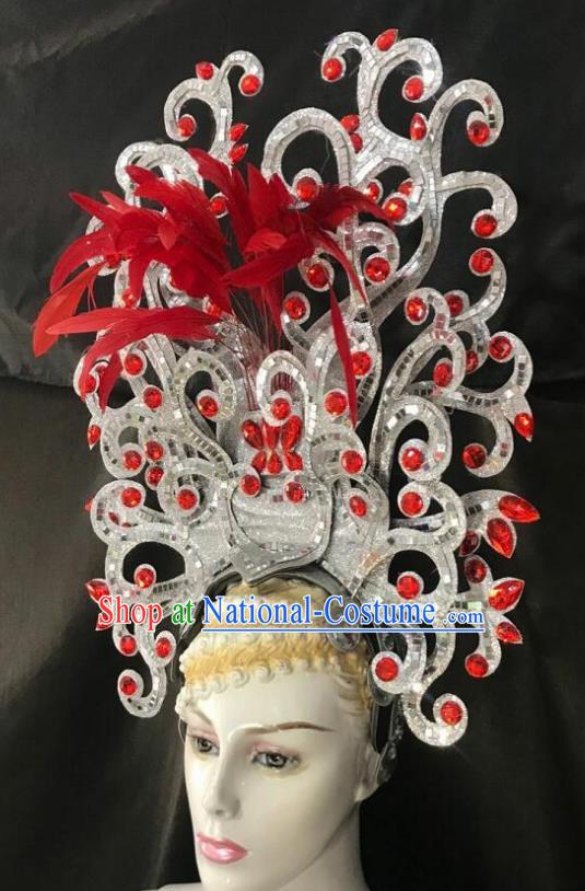 Top Halloween Samba Dance Red Crystal Feather Royal Crown Brazilian Rio Carnival Deluxe Hair Accessories for Women