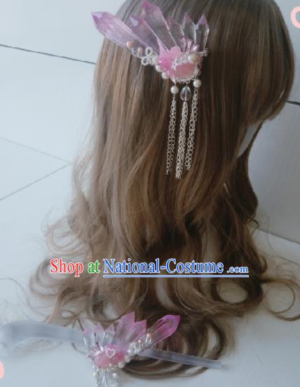 Traditional Chinese Cosplay Swordsman Pink Crystal Hairpins Ancient Hanfu Hair Accessories for Women