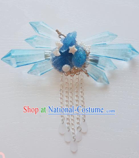 Traditional Chinese Cosplay Swordsman Blue Crystal Hair Claw Hairpins Ancient Hanfu Hair Accessories for Women